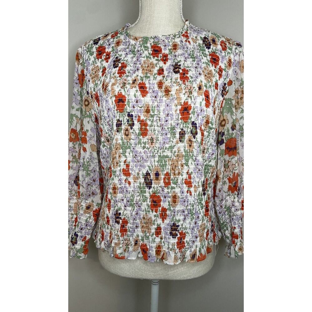 Veronica Beard Kali Top Multicolor Floral Print Smocked Spring Designer Size 10 - Picture 5 of 12